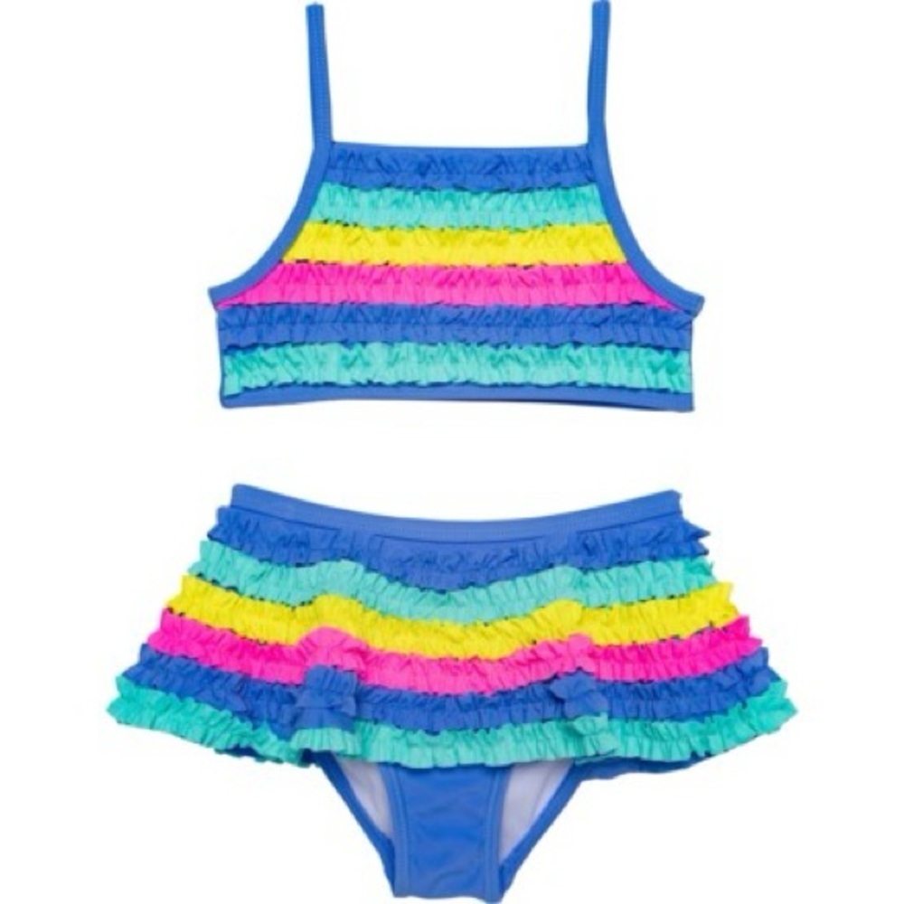 Flapdoodles bikini swimsuit set toddler girl ruffles colorful rainbow periwinkle - Picture 2 of 8